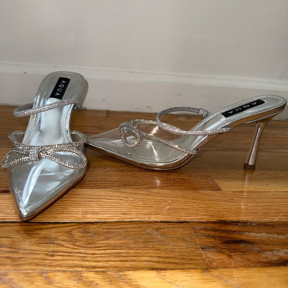 Aqua Silver Stiletto Heels with Pointed Toe